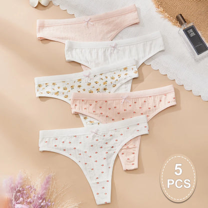 Sexy Women's Cotton Thong Panties 5pcs Low Rise Soft Comfortable Underwear Breathable Ladies Panties Bowknot for Everyday Wear