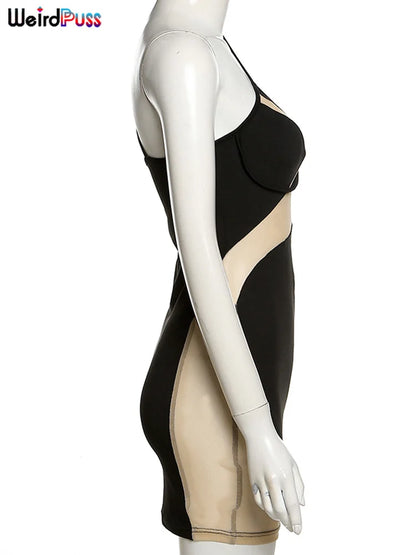 Weird Puss Beach Style Women Bikini 2 Piece Set Sexy Mesh Patchwork One Shoulder Bra Top+Bandage Briefs Vacation Trend Clubwear