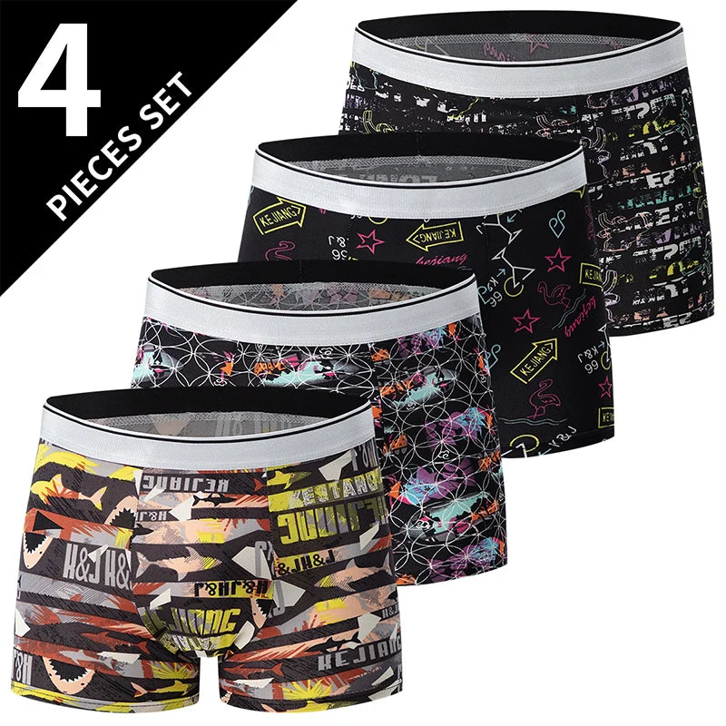4/5Pcs European and American Size MEN'S Printed Fashion Boyshort Comfortable MEN'S Waist plus Size Underwear Sexy Swimming Trunk