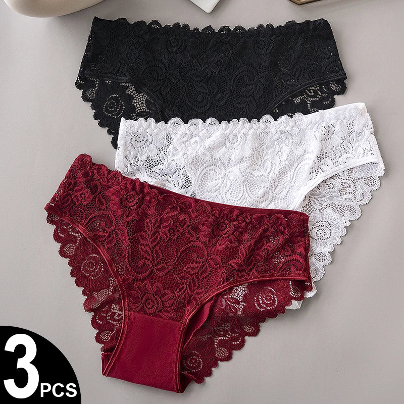 Luxury Floral Embroidery Lace Panties Women Briefs Sexy Hollow 3PCS Lingerie Female Underwear Ladies Breathable Underpants