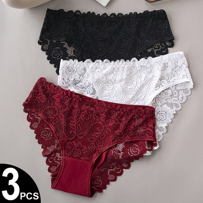 Luxury Floral Embroidery Lace Panties Women Briefs Sexy Hollow 3PCS Lingerie Female Underwear Ladies Breathable Underpants