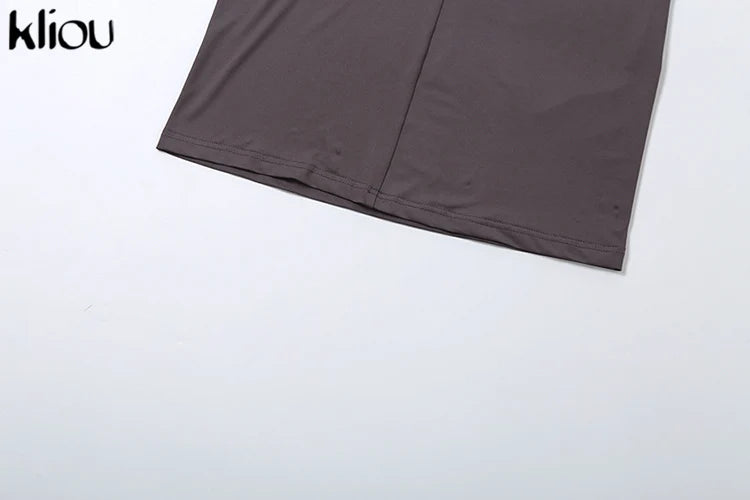 Kliou Shirring Women Classic Maxi Dress Autumn New Solid Long Sleeve High Collar Body-shaping Vestidos Mujer Concise Trend Robe