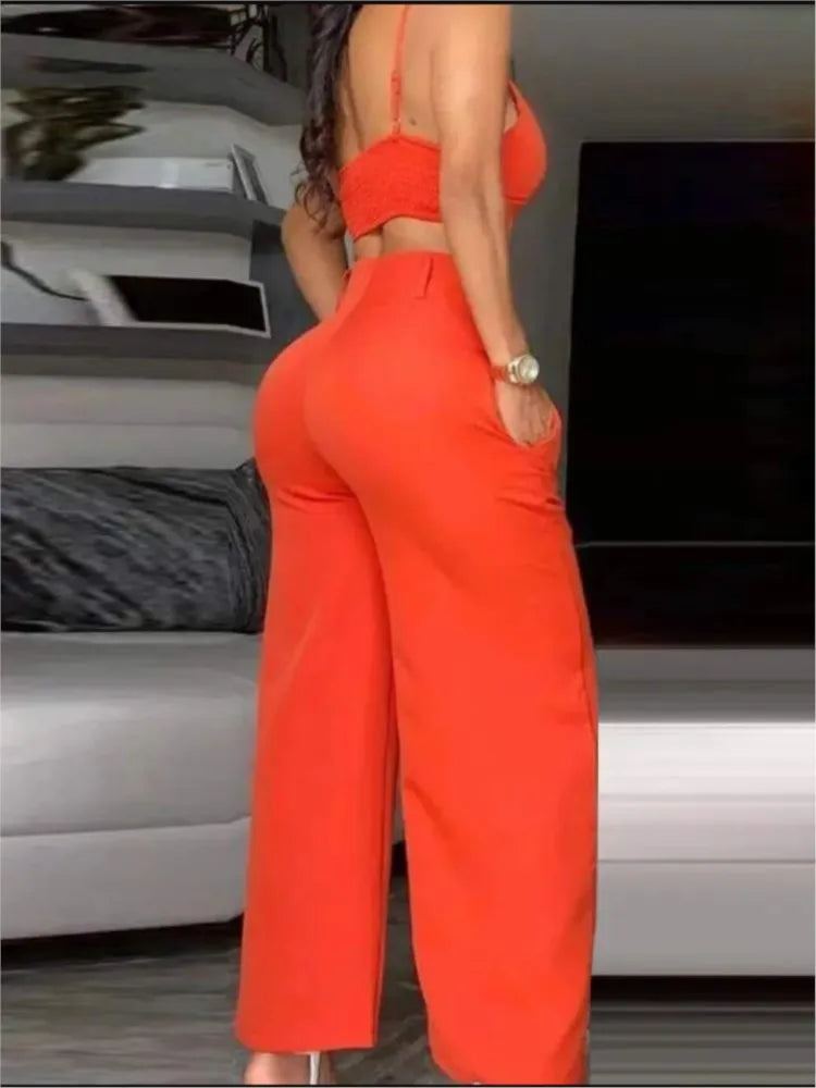 Summer Sexy 2 Piece Set Women V-Neck Strap Shirred Slim Crop Top & Lace-up Wide Leg Pants Sets Elegant Holiday Lady Suit