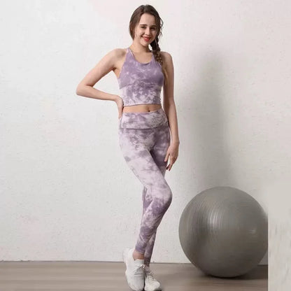 Tie-dye yoga suit set women's cross beauty back shockproof sports bra high-end vest two-piece gym suit
