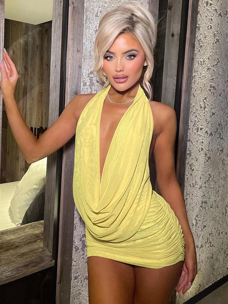 Kliou Mesh Swinging Pleated Women 2 Piece Set Summer Solid Simple Halter Backless Chic Tops+Shirring Mini Skirts Coordinate Suit