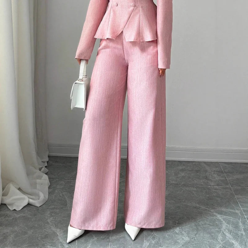 Women's High Waist Pink Waist Covered Button Design Elegant Casual Wear Loose Flowing Straight Pants