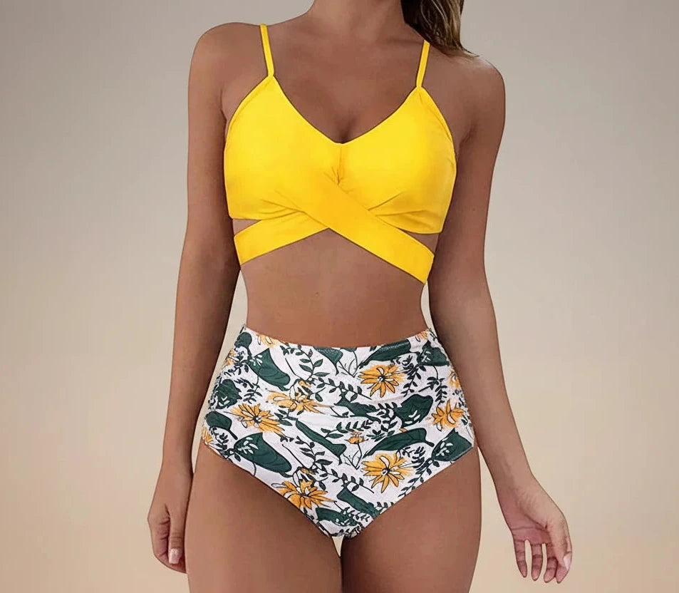 Hot 12 Colors Women Slim Bikini Sets High Waisted Sexy Swimwear 2 Pieces Solid/Floral Ruched Brazilian Swimsuit Cross Front