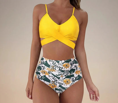 Hot 12 Colors Women Slim Bikini Sets High Waisted Sexy Swimwear 2 Pieces Solid/Floral Ruched Brazilian Swimsuit Cross Front