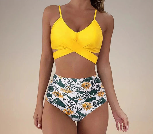 Hot 12 Colors Women Slim Bikini Sets High Waisted Sexy Swimwear 2 Pieces Solid/Floral Ruched Brazilian Swimsuit Cross Front