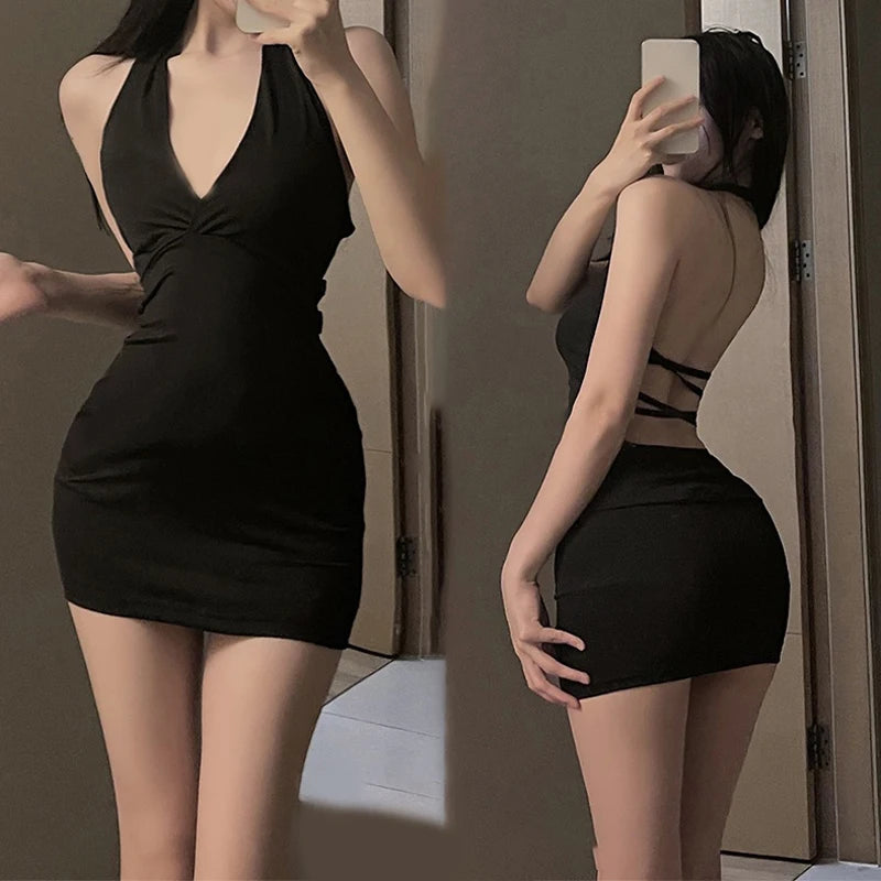 Erotic Dress Sexy Women Uniform V Neck Slim Backless Seductive One-piece Dress Nightclub Party Mini Dresses