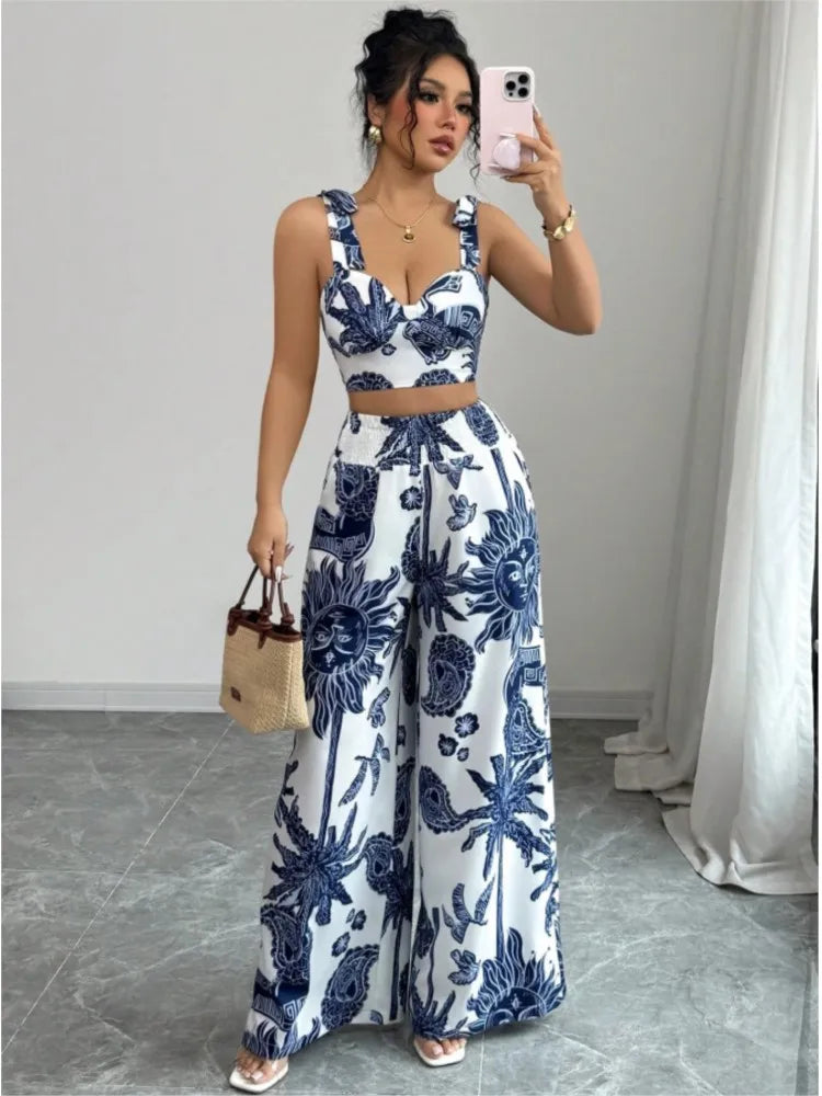 Sexy Strapback Halter Tops Long Pants Female 2-piece Set Summer Fashion Printed Wide-leg Pocket Trousers Elegant Women's Suit
