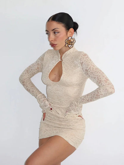 Ahagaga Sexy Lace Women's Mini Dresses Solid Sheer Hollow Out Turtleneck Long Flare Sleeves Sheath Bodycon Streetwear Vestidos