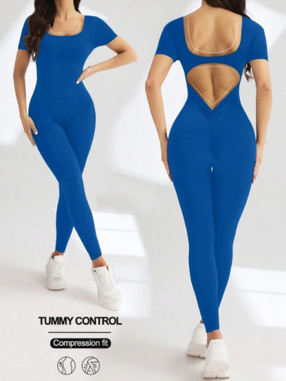 One piece seamless spandex U-neck short sleeved bodysuit with hip lifting, gym clothing, women's fitness jumpsuit