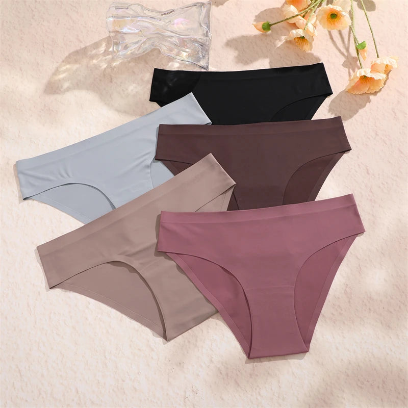FINETOO 5PCS Seamless Panties for Women Sexy Ice Silk Underwear Soild Briefs Low Waist Comfortable Invisible Lingerie Intimates