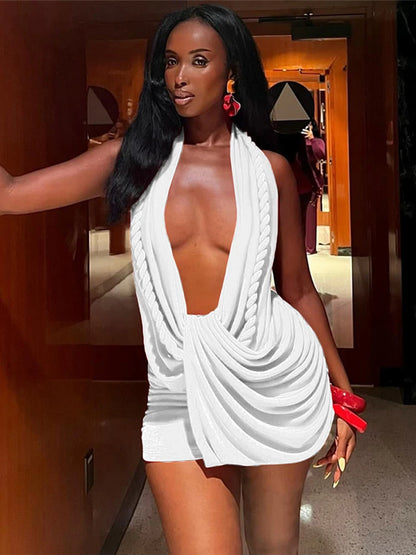 Weird Puss Halter Ruched Dress Women Sexy Whip Knot Backless Patchwork Elegant Stretch Christmas Peach Hip Birthday Mini Bodycon