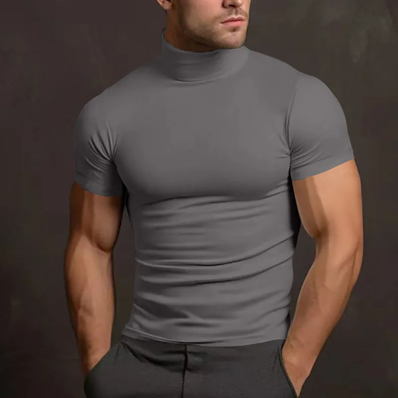 Cross-border Amazon summer solid color short-sleeved fashion bottoming shirt men's tight turtleneck T-shirt