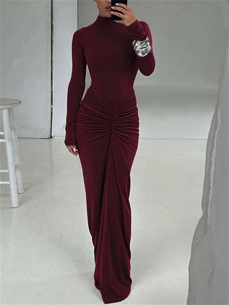 Kliou Shirring Women Classic Maxi Dress Autumn New Solid Long Sleeve High Collar Body-shaping Vestidos Mujer Concise Trend Robe