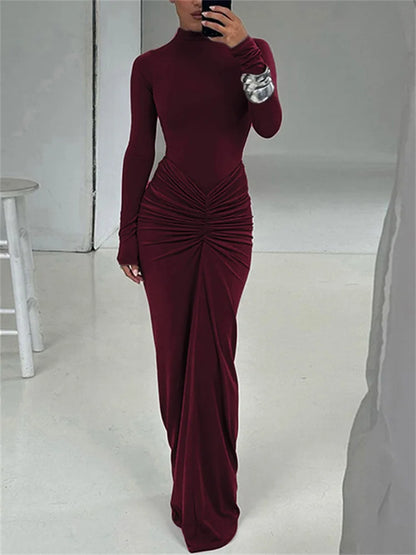 Kliou Shirring Women Classic Maxi Dress Autumn New Solid Long Sleeve High Collar Body-shaping Vestidos Mujer Concise Trend Robe