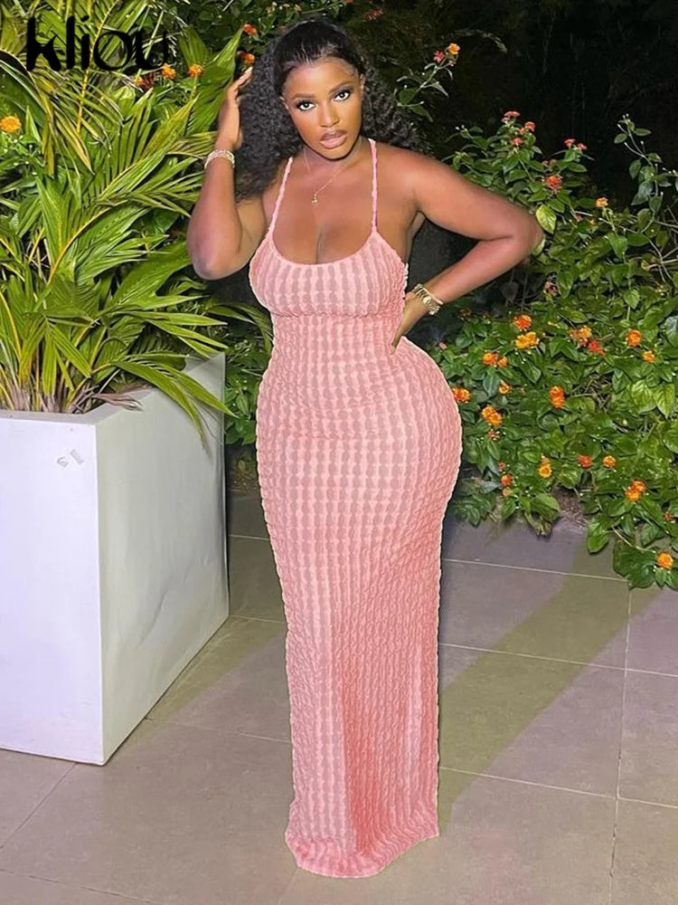 Kliou Solid Ruched Spaghetti Strap Bandage Maxi Dress Women Casual Sleeveless Backless Bodycon Ladies Party Streetwear Dresses