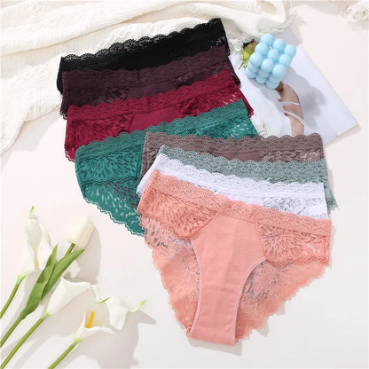 Sexy Perspective Women Back Lace Panties Patchwork Cotton Underpants Hollow Out Lingerie Underwear Comfortable Briefs 3PCS