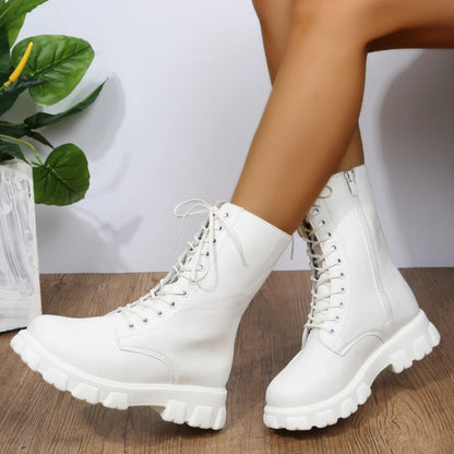 Autumn Winter PU Leather White Ankle Boots Motorcycle Botines Female Chunky Heels Platform Boots Botas Mujer