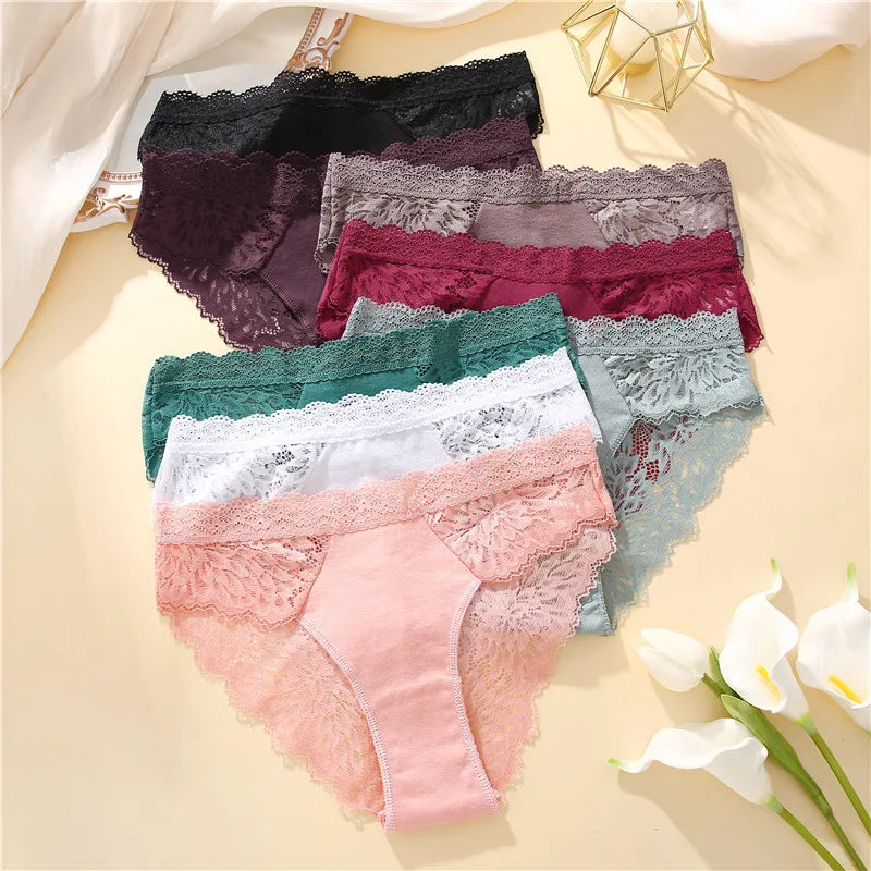 Sexy Perspective Women Back Lace Panties Patchwork Cotton Underpants Hollow Out Lingerie Underwear Comfortable Briefs 3PCS