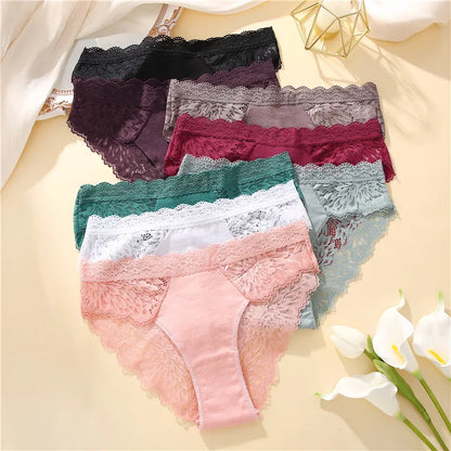 Sexy Perspective Women Back Lace Panties Patchwork Cotton Underpants Hollow Out Lingerie Underwear Comfortable Briefs 3PCS