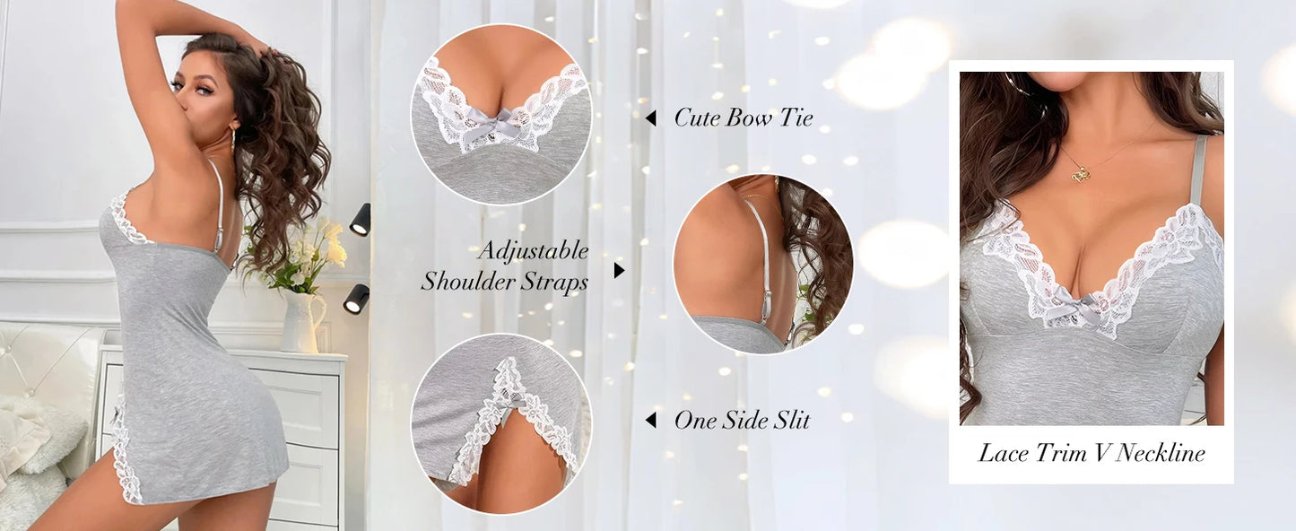 Sexy Night Gowns Lace Trim Sleep Dress V Neck Babydoll Chemise Dress Side Split Nighty