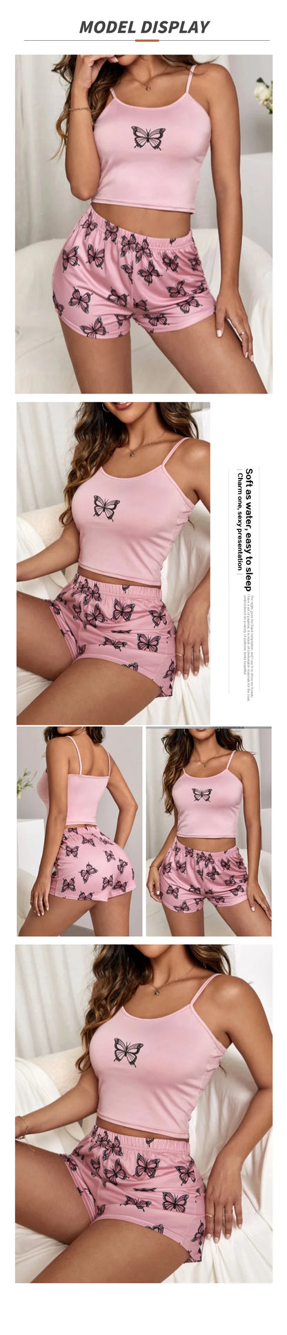 Two Pieces Summer Sexy Pajamas Butterfly Print Cami Pajamas Set Fashion Sexy Home Ladies Underwear Vest Shorts Pijamas