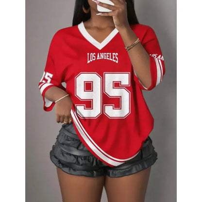 Women's Los Angeles 3D Printed V-neck Short Sleeved Quick Drying T-shirt, Summer Baseball Shirt, Plus Size Men's Sports T-shirt