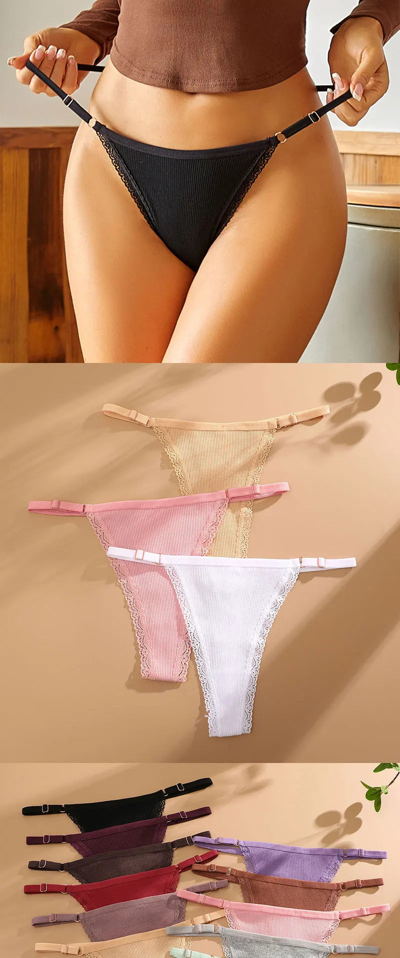 5PCS/Set Cotton Panties Sexy G-String Women's Underwear T-Back Lingerie Femme Underpants Briefs Adjustable Waist Thong Intimates