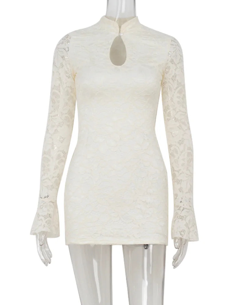 Ahagaga Sexy Lace Women's Mini Dresses Solid Sheer Hollow Out Turtleneck Long Flare Sleeves Sheath Bodycon Streetwear Vestidos