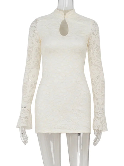 Ahagaga Sexy Lace Women's Mini Dresses Solid Sheer Hollow Out Turtleneck Long Flare Sleeves Sheath Bodycon Streetwear Vestidos