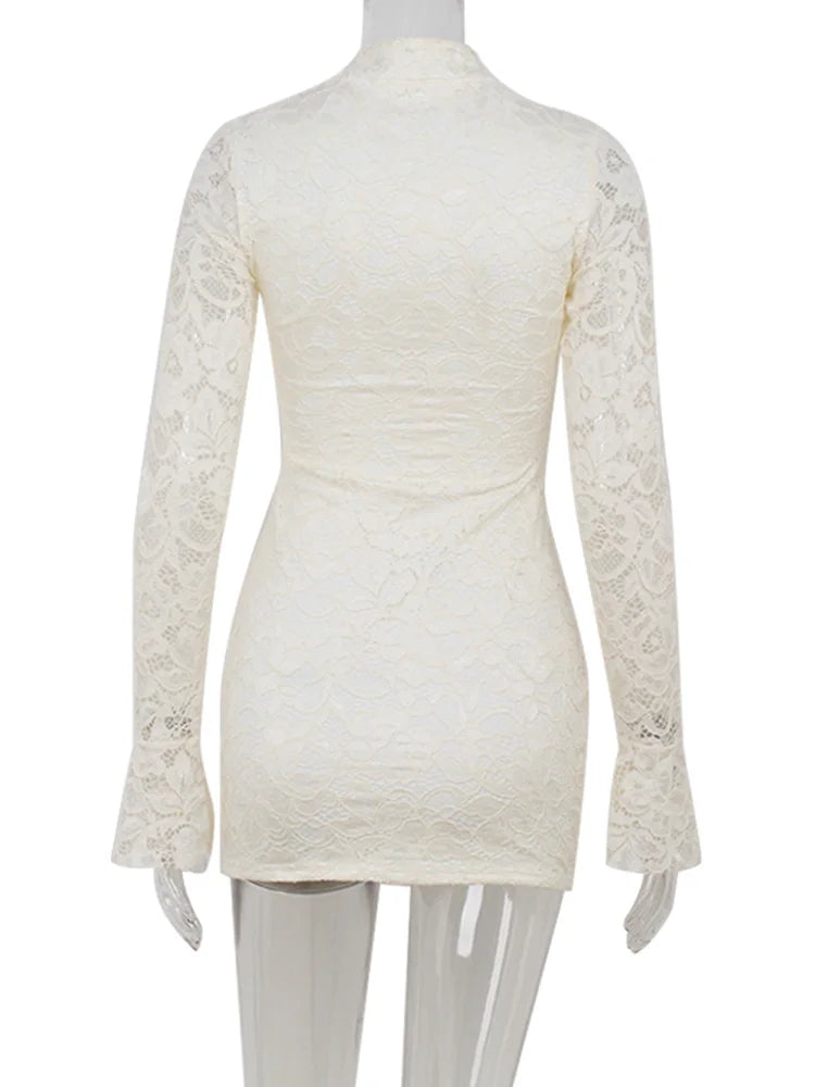 Ahagaga Sexy Lace Women's Mini Dresses Solid Sheer Hollow Out Turtleneck Long Flare Sleeves Sheath Bodycon Streetwear Vestidos