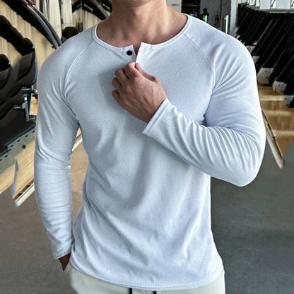 Men Sports High-Elastic Fitness Long Sleeve T-Shirt Autumn New Slim Fit Henley Collar Tshirt Men Streetwear Casual T-Shirt