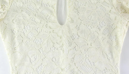 Ahagaga Sexy Lace Women's Mini Dresses Solid Sheer Hollow Out Turtleneck Long Flare Sleeves Sheath Bodycon Streetwear Vestidos