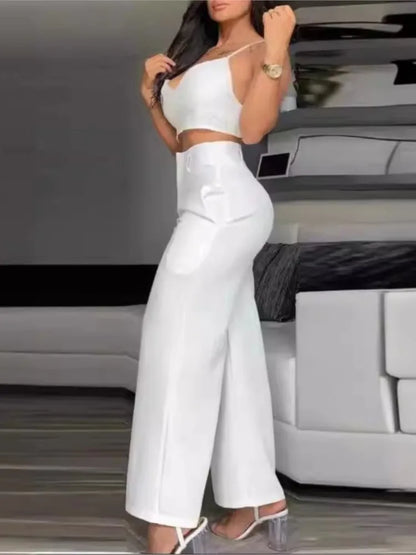 Summer Sexy 2 Piece Set Women V-Neck Strap Shirred Slim Crop Top & Lace-up Wide Leg Pants Sets Elegant Holiday Lady Suit