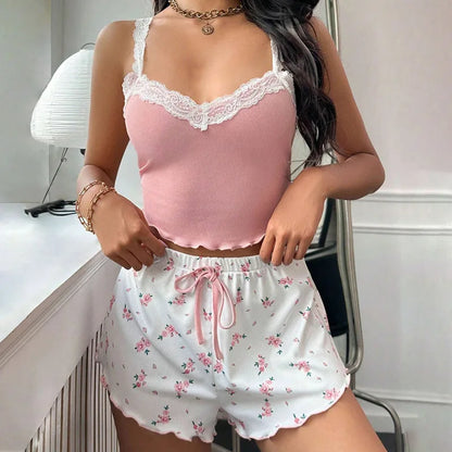 women's sexy lace lace camisole vest shorts sleepwear women's slim fit two-piece home outfit new product pink coffee blue