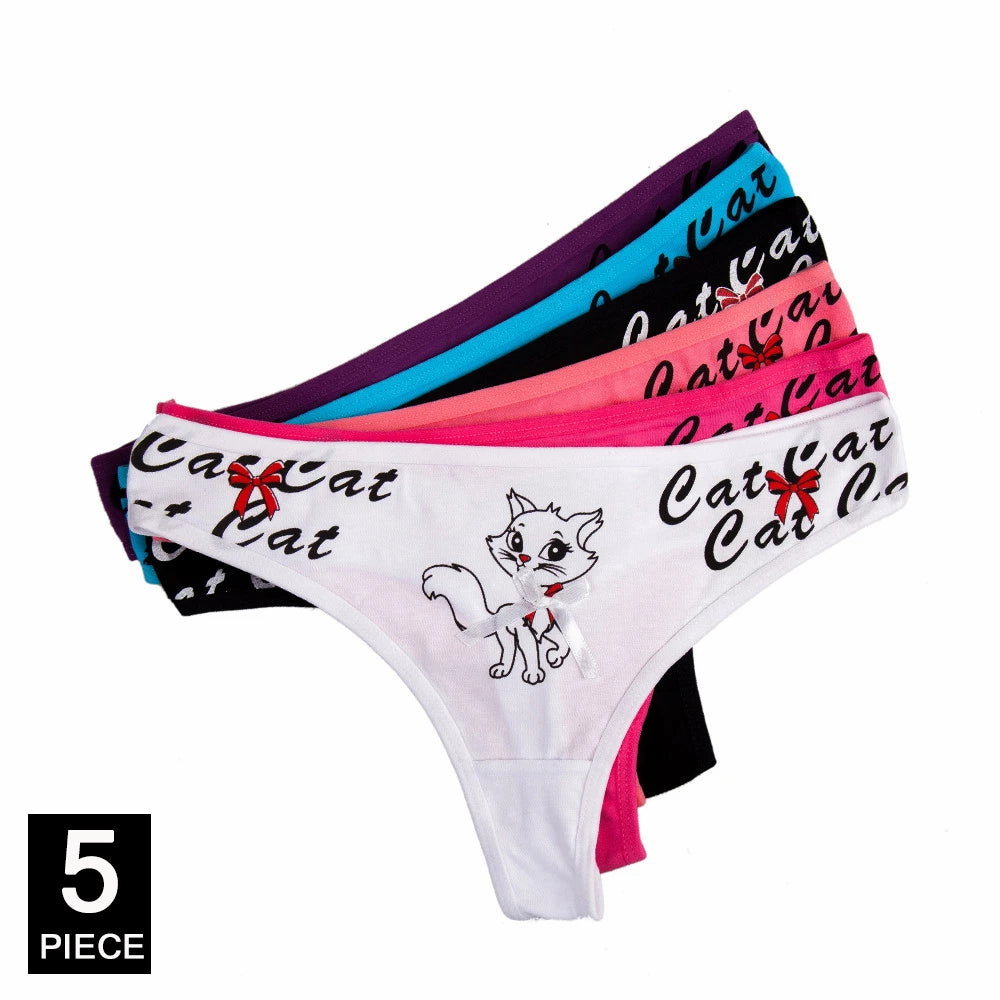 Sexy Thong 5 Pcs for Women Girls Cotton G-Strings Ladies Panties,Cute Cat Print Thongs
