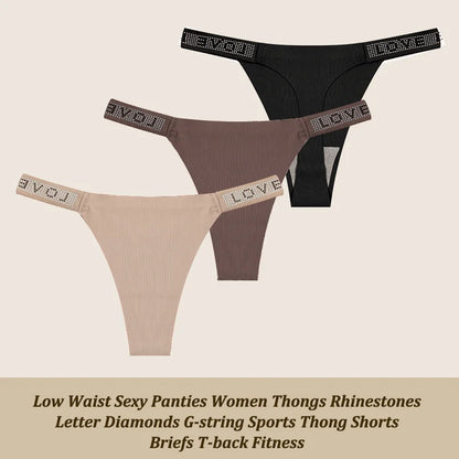 Low Waist Sexy Panties Women Thongs Rhinestones Letter Diamonds G-string Sports Thong Shorts Briefs T-back Size XS-XL 3Pcs