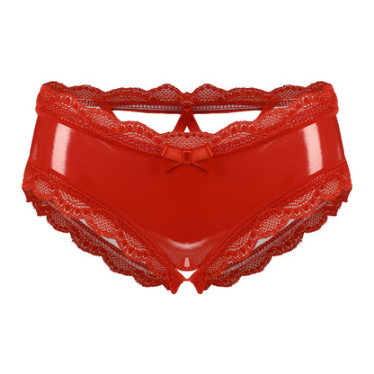 Erotic Panties Crotch Open Sex Wet Look Porn Underwear Patent Leather Lace V-Back mujer Mini Briefs