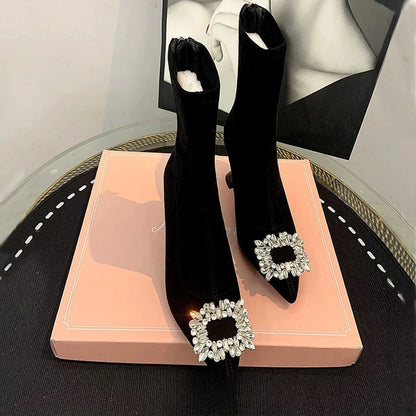 Ankle Boots Women Boots Women Shoes Woman Fashion High-heeled Pointed Flock Boots Spring Autumn Rhinestone Short Boots