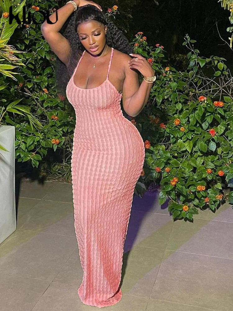 Kliou Solid Ruched Spaghetti Strap Bandage Maxi Dress Women Casual Sleeveless Backless Bodycon Ladies Party Streetwear Dresses