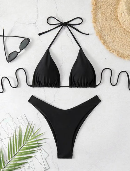 Women Thong Bikini Sexy Solid White/Black/Coffee Halter Swimsuit Lace Up Brazilian Bathing Suit New Double Fabric Beachwear