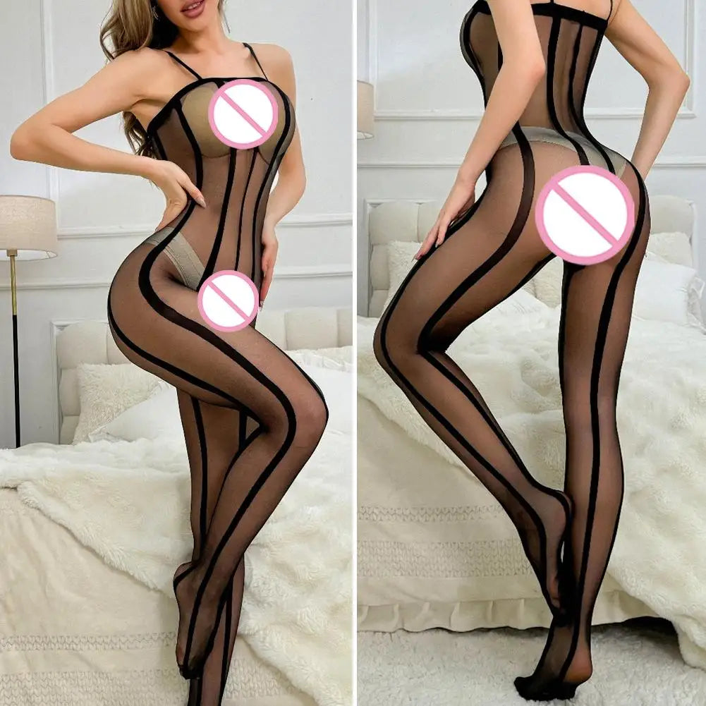 Lingerie Sets Sexy High Elastic Semi-Sheer Vertical Stripe Bodysuit Women Camisole Body Stocking Skinny Fitted Silk Stockings