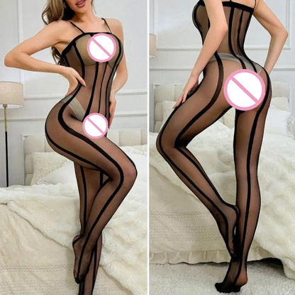 Lingerie Sets Sexy High Elastic Semi-Sheer Vertical Stripe Bodysuit Women Camisole Body Stocking Skinny Fitted Silk Stockings