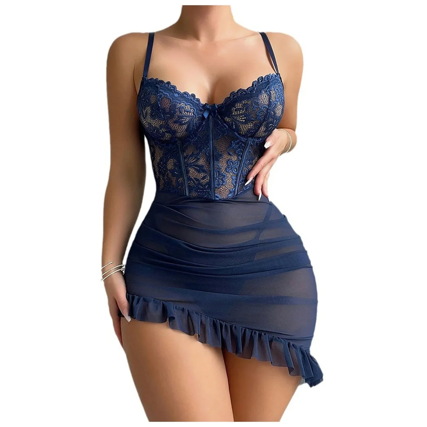 Sexy Lingerie For Women Mesh Babedoll Dress With Underwire Push Up Bra Lace Chemise Maternity Lingerie Ruffle Hem Sleepwear