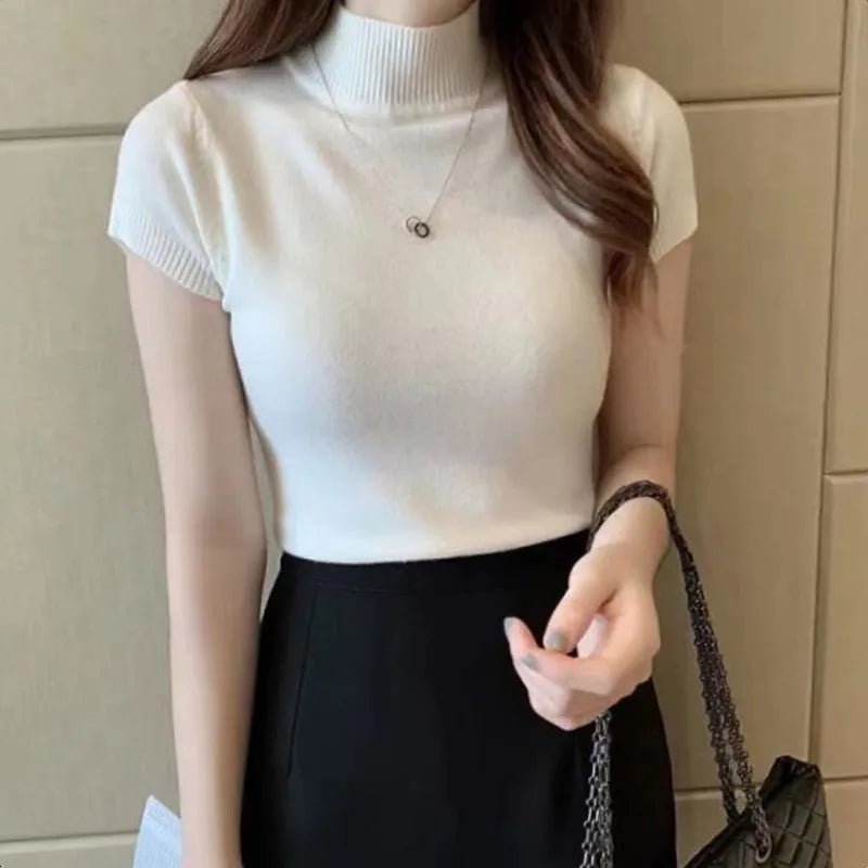 Half-High Neck T-Shirt Women's Fashion Jumper Casual Tops Korean Style Elegant Solid-Coloured Clothing Spring And Summer Season