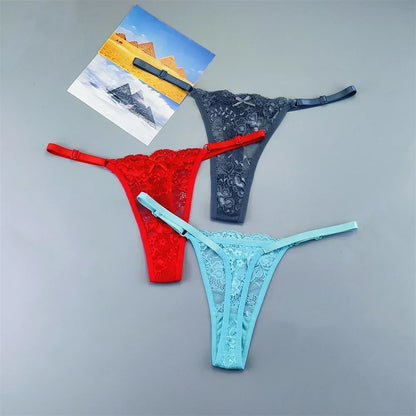 3PCS Adjustable Sexy Transparent Thong Panties Women Lace Underwear Low Waist Female T-back String Underpants