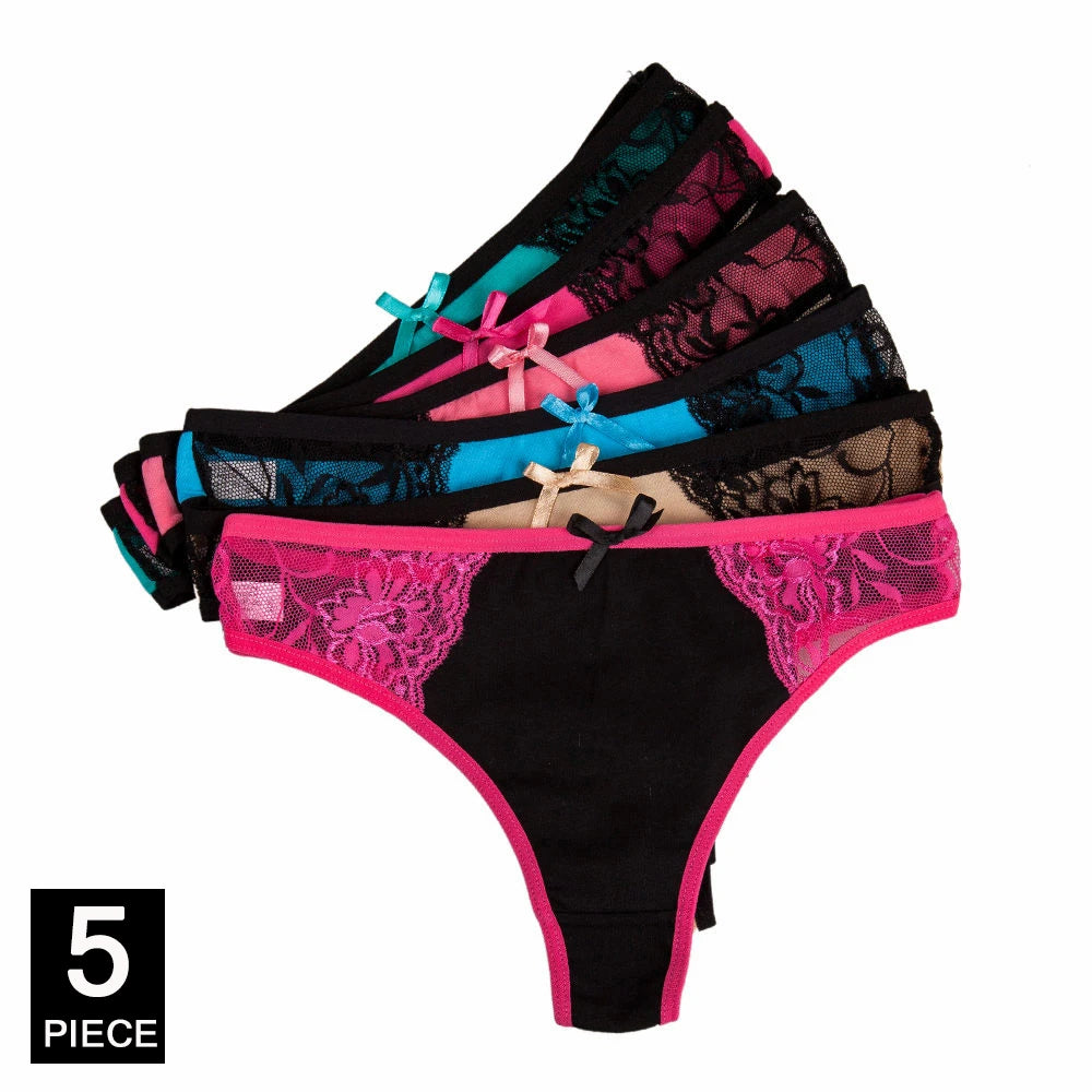 Sexy Thong 5 Pcs for Women Girls Cotton G-Strings Ladies Panties,Cute Cat Print Thongs